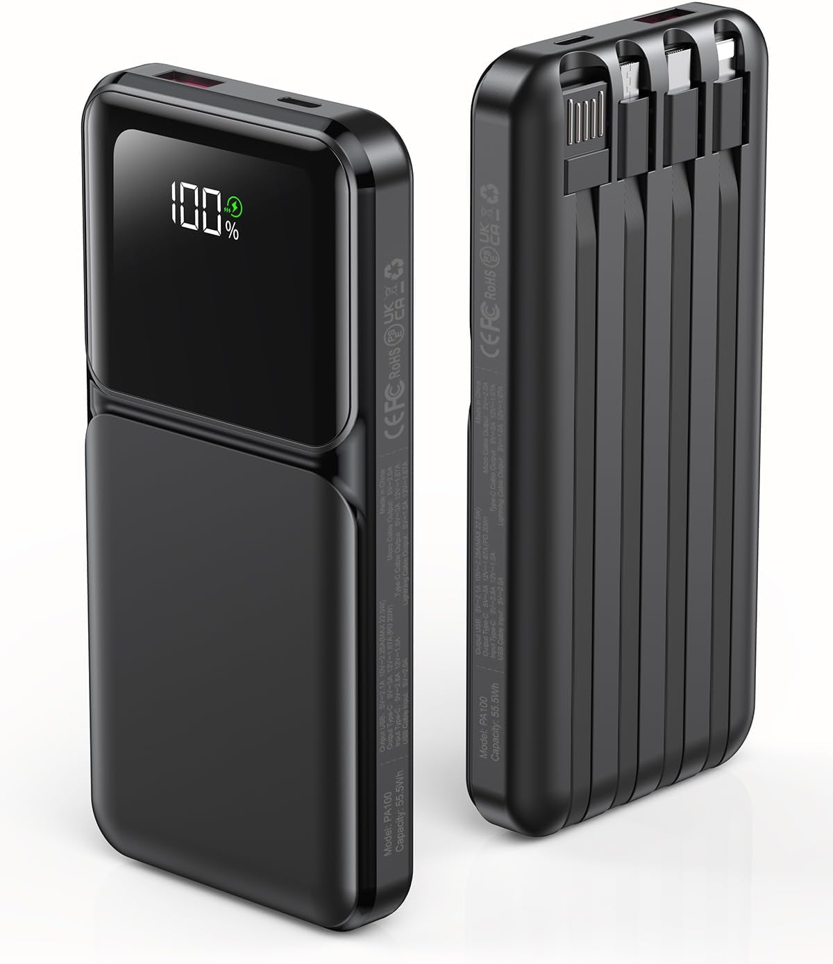 Power Bank 15000Mah USB C 22.5W Fast Charging Portable Charger | Built-In 4 Cables, QC 3.0 USB-C In/Out, LED Digital Display, Charge 5 Devices at Once, for Smartphones Tablets Outdoor Use