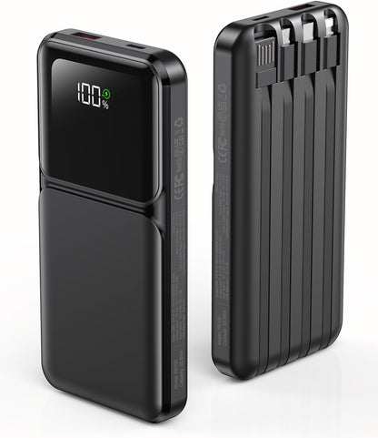 Power Bank 15000Mah USB C 22.5W Fast Charging Portable Charger | Built-In 4 Cables, QC 3.0 USB-C In/Out, LED Digital Display, Charge 5 Devices at Once, for Smartphones Tablets Outdoor Use