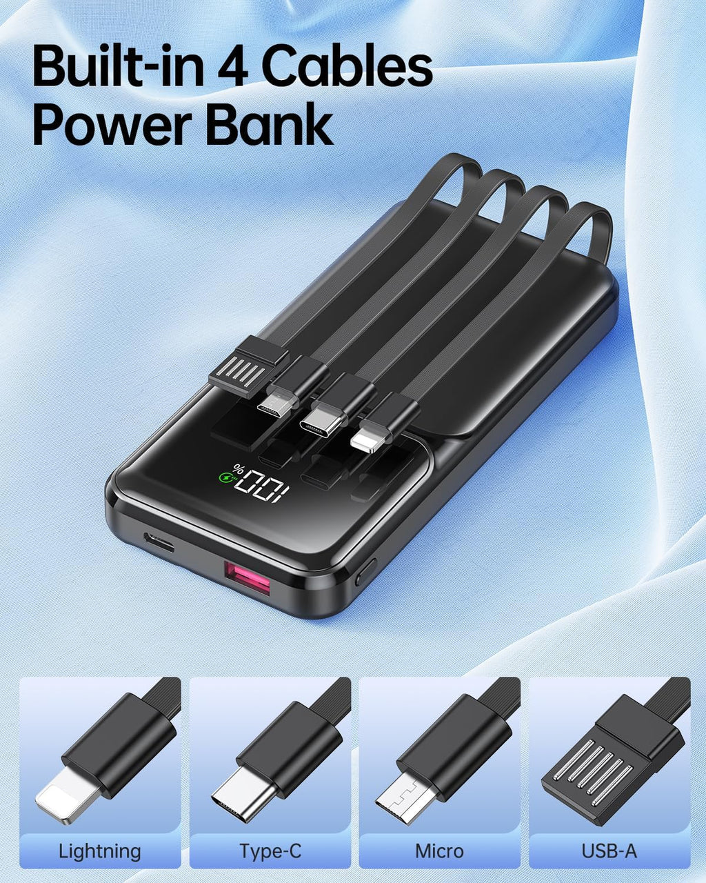 Power Bank 15000Mah USB C 22.5W Fast Charging Portable Charger | Built-In 4 Cables, QC 3.0 USB-C In/Out, LED Digital Display, Charge 5 Devices at Once, for Smartphones Tablets Outdoor Use