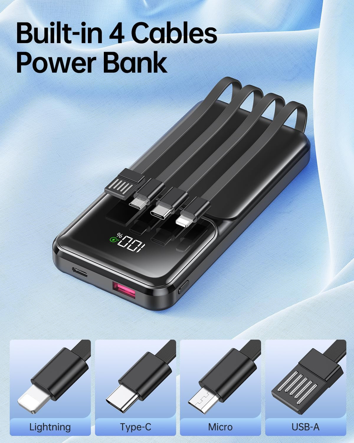 Power Bank 15000Mah USB C 22.5W Fast Charging Portable Charger | Built-In 4 Cables, QC 3.0 USB-C In/Out, LED Digital Display, Charge 5 Devices at Once, for Smartphones Tablets Outdoor Use