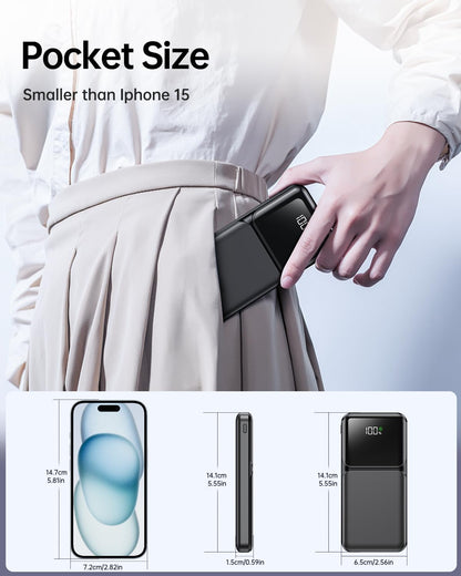 Power Bank 15000Mah USB C 22.5W Fast Charging Portable Charger | Built-In 4 Cables, QC 3.0 USB-C In/Out, LED Digital Display, Charge 5 Devices at Once, for Smartphones Tablets Outdoor Use