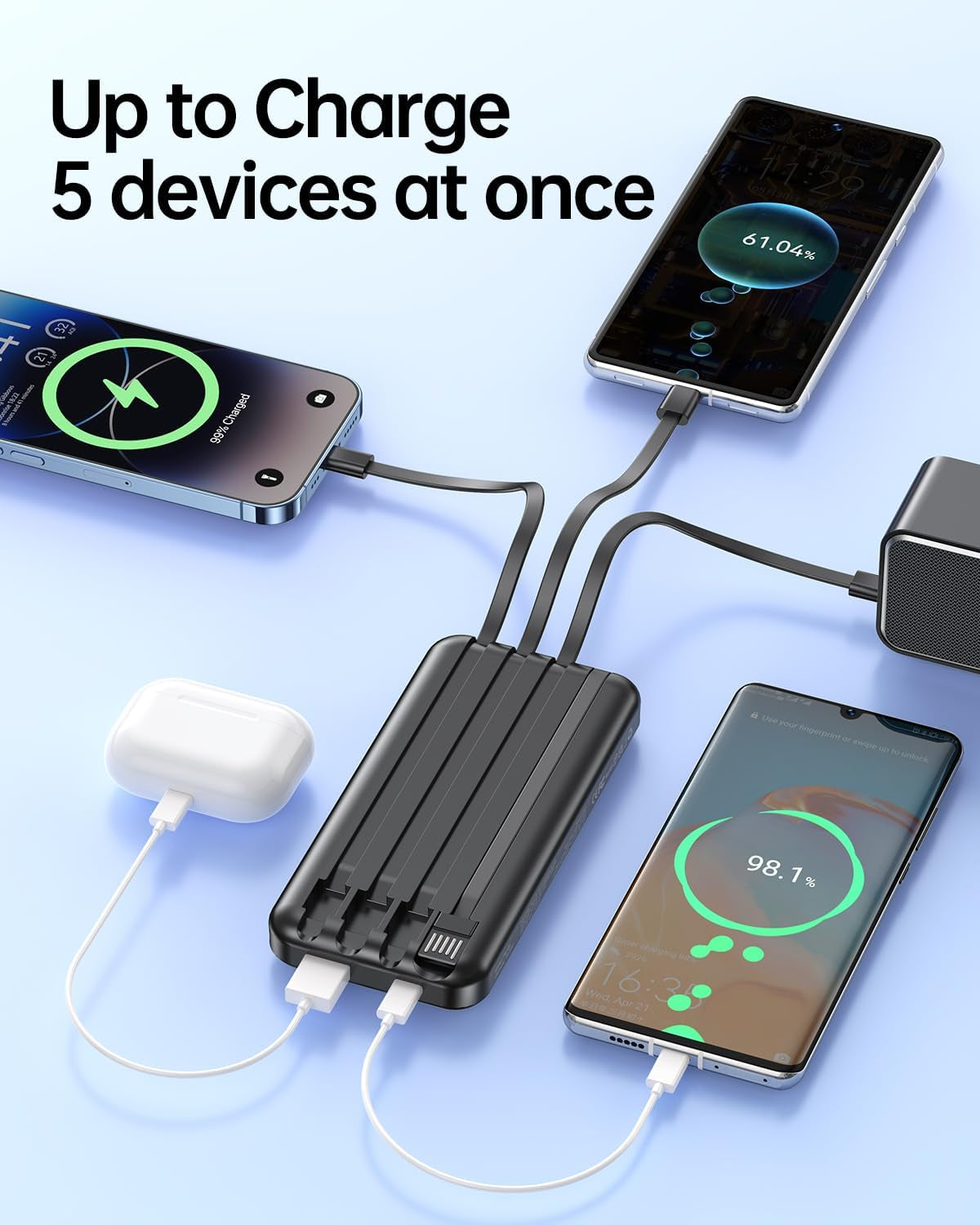 Power Bank 15000Mah USB C 22.5W Fast Charging Portable Charger | Built-In 4 Cables, QC 3.0 USB-C In/Out, LED Digital Display, Charge 5 Devices at Once, for Smartphones Tablets Outdoor Use