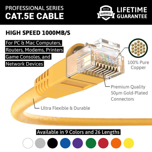 (10 Pack Ethernet Cable CAT5E Cable UTP Booted 20 FT - Yellow - Professional Series - 1Gigabit/Sec Network/Internet Cable, 350MHZ